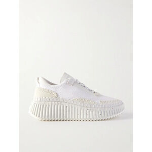 Chloe Nama Embroidered Suede/Recycled Mesh Chunky Platform Sneakers White EU 40